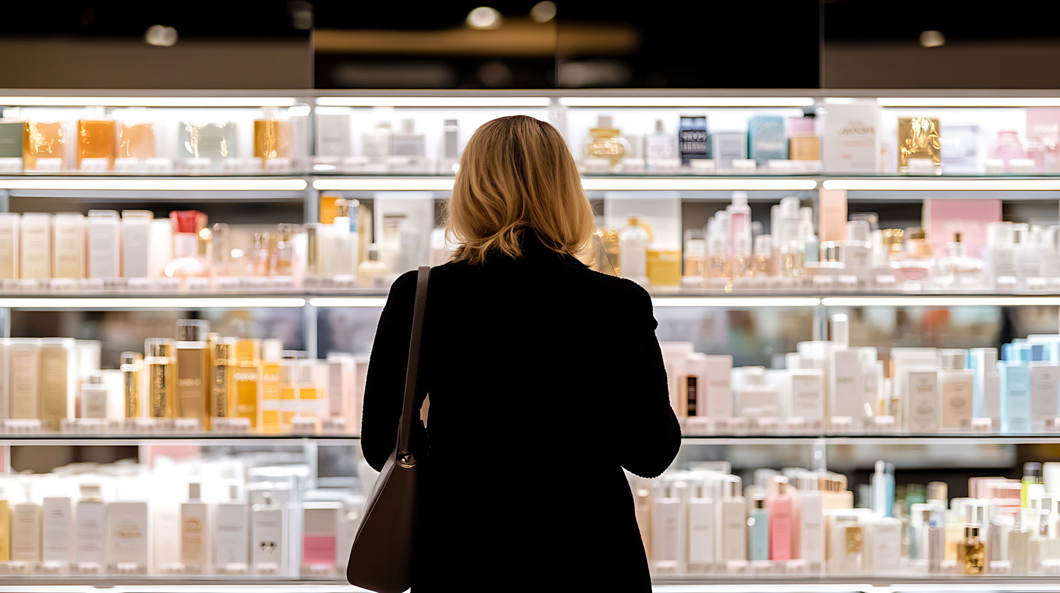 Beauty-innovations kundin betrachtet kosmetikprodukte in modernem einzelhandelsgeschäft
