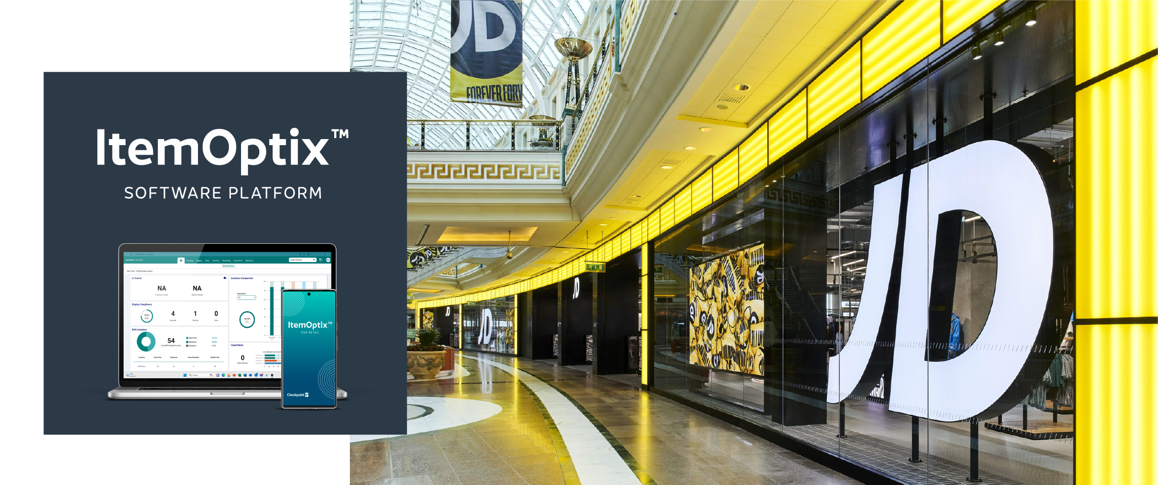 Darstellung der ItemOptix™-Software von Checkpoint Systems neben einer JD-Sports-Filiale in einem Einkaufszentrum