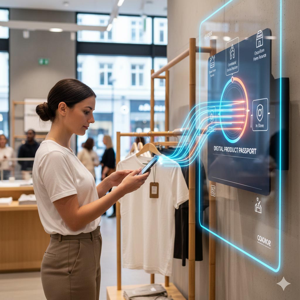 Kundin scannt Kleidung im Geschäft mit dem Smartphone und sieht einen digitalen Produktpass per RFID mit Informationen zu Herkunft, Nachhaltigkeit und Lieferkettentransparenz.