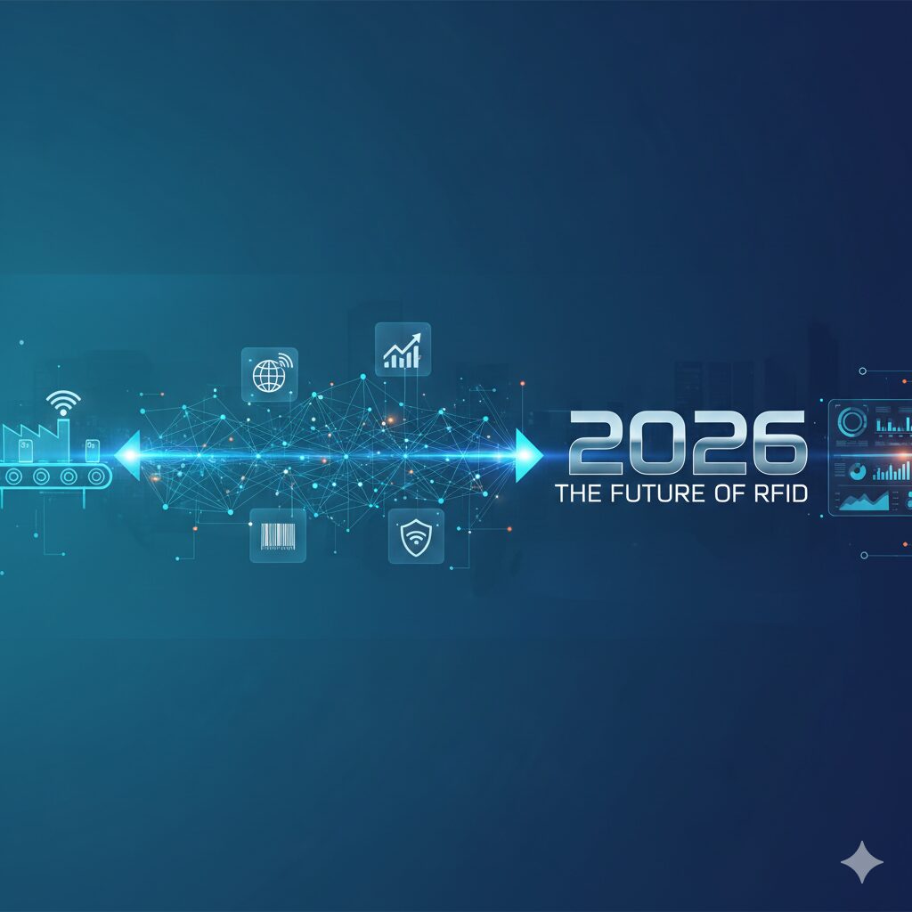 Futuristische Darstellung der RFID-Technologie mit einem Datennetzwerk, Symbolen für Logistik und Sicherheit sowie dem Text „2026 – The Future of RFID“