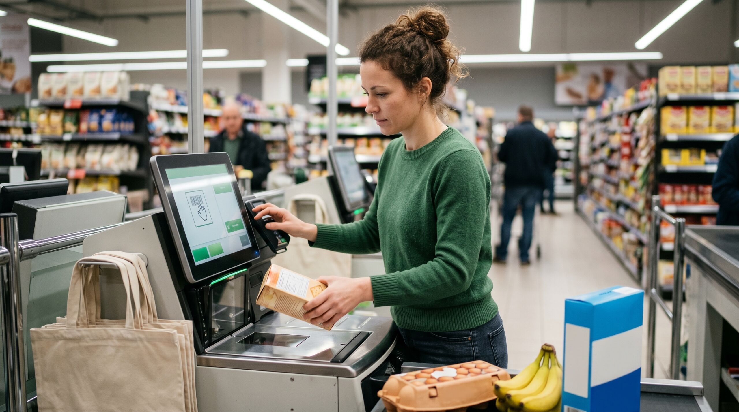 Kunde nutzt eine Self-Checkout-Kasse mit RFID-Technologie zur schnellen und sicheren Artikelerfassung im Supermarkt.