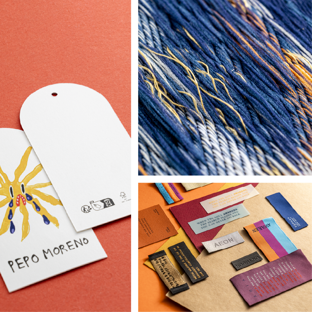Collage aus Hangtag, gewebtem Etikett und farbigen Markenetiketten