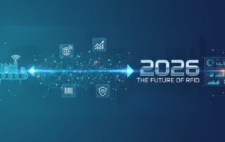 Futuristinen visualisointi RFID-teknologiasta, jossa näkyy dataverkko, logistiikan ja turvallisuuden kuvakkeita sekä teksti ”2026 – The Future of RFID”