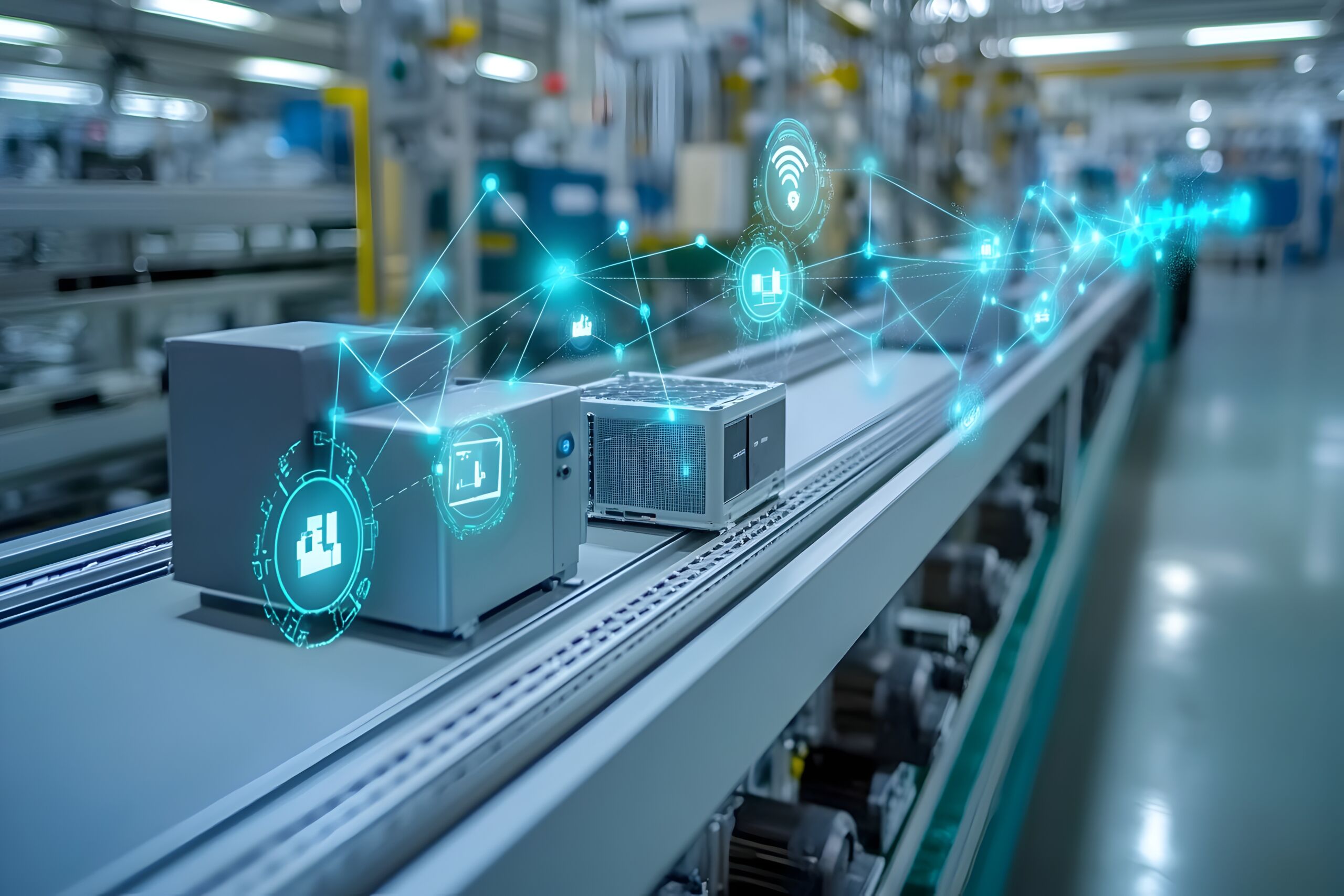 Automatisoitu tuotantolinja tehtaassa, jossa laitteet kulkevat kuljetinhihnalla ja ovat yhdistetty digitaaliseen verkkoon, joka havainnollistaa älykästä logistiikkaa ja IoT-viestintää.