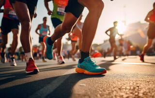 Focus sur les chaussures de participants à une course à pied