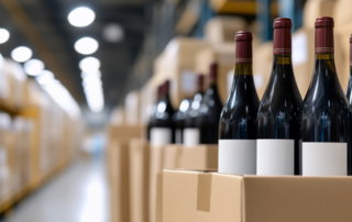 Bouteilles de vin dans un carton et stockées dans un entrepôt