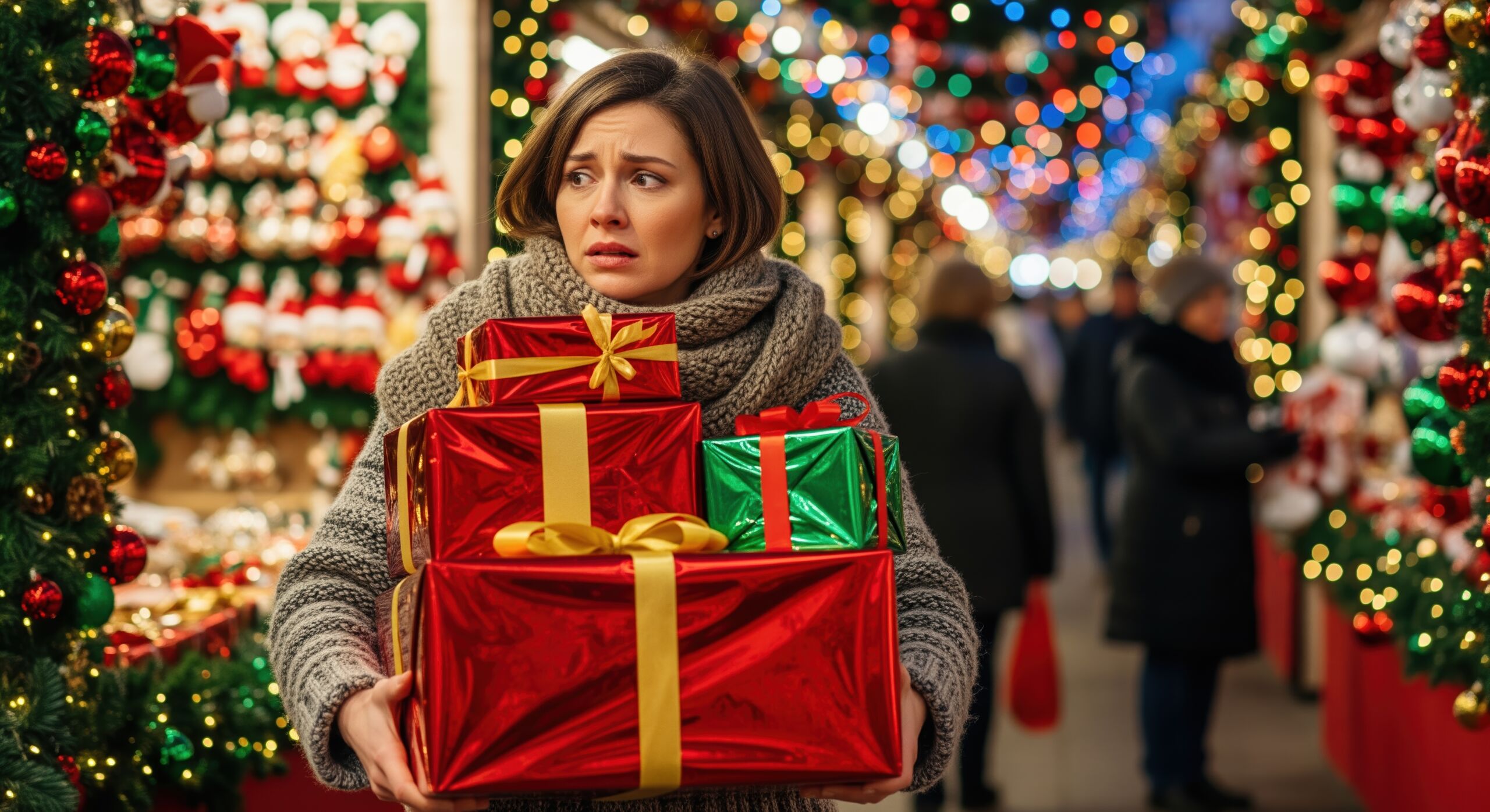 A young woman holds wrapped holiday gifts in a festive store. Her worried look captures the stress of seasonal shopping. Perfect for content about holiday preparations and gift giving.
