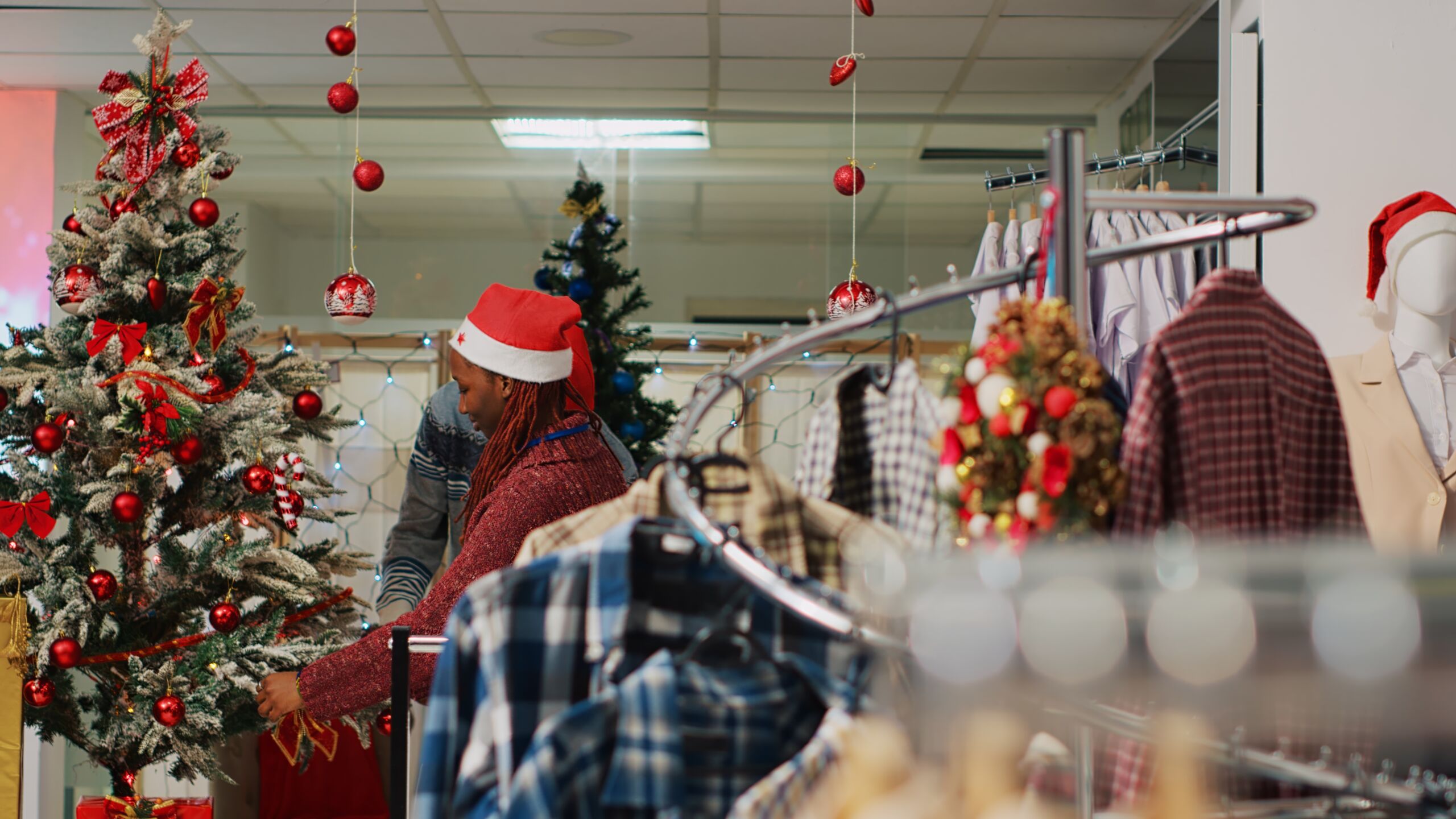 Employees decorating Christmas tree