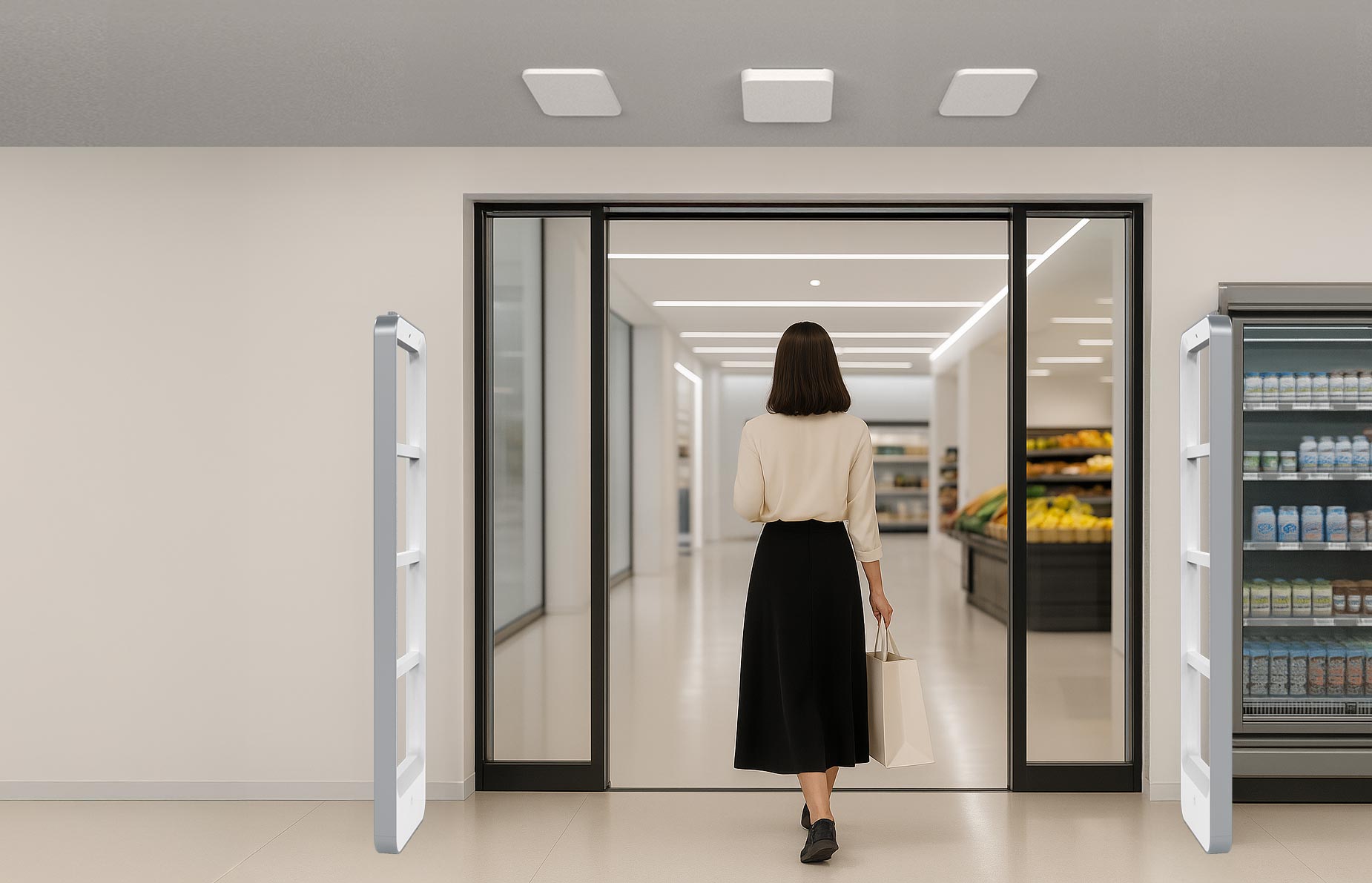 RF- en RFID-beveiligingspoorten in kledingwinkel met klanten en productdisplays