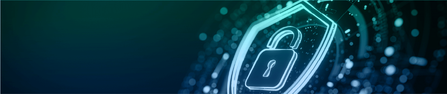 Digitale banner met een verlicht schild en hangslot, symbool voor beveiliging en SOC-compliance.
