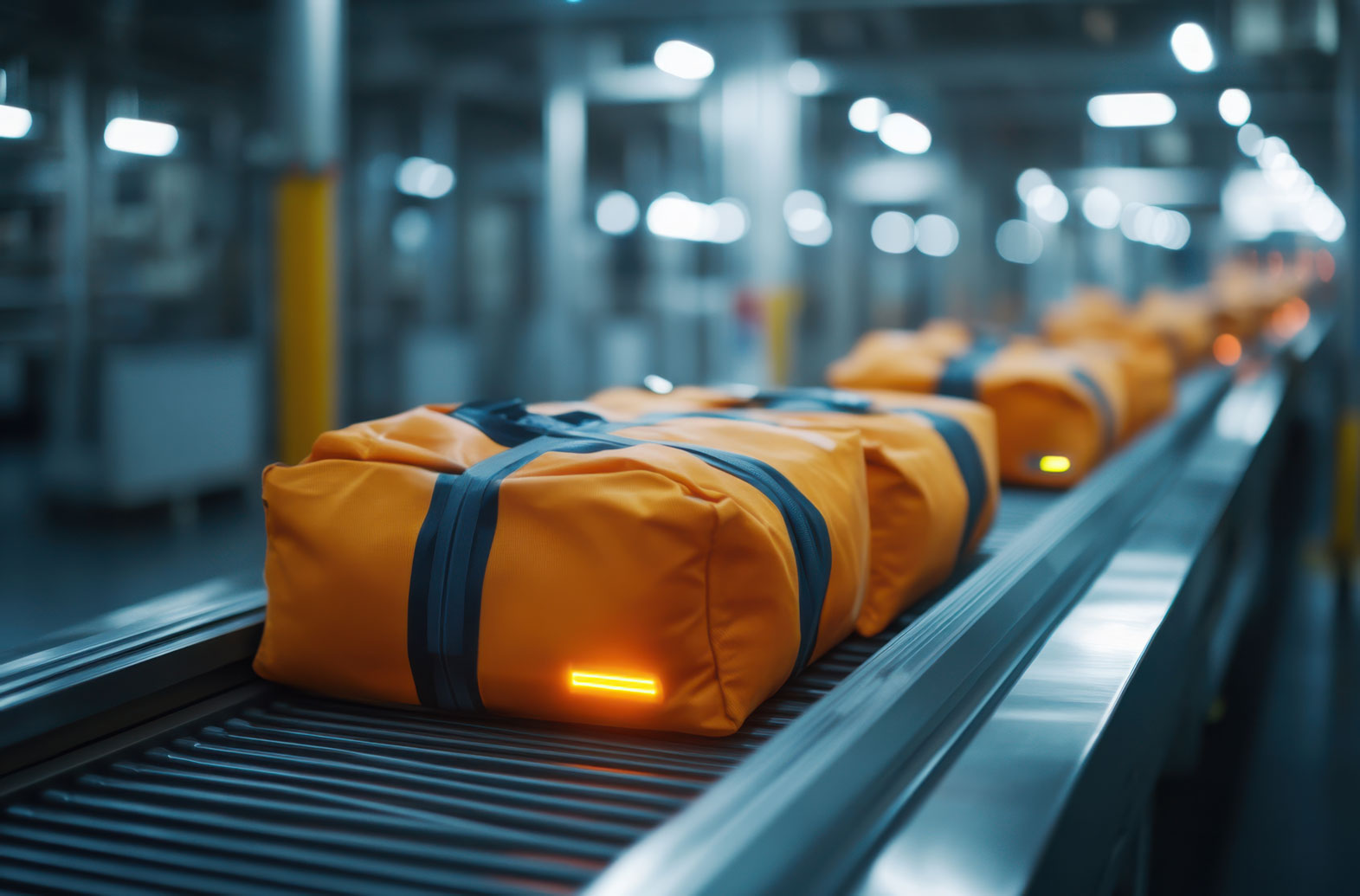 Oranje tassen met RFID-tags bewegen over een bagageband in een moderne luchthavenomgeving, symbool voor geavanceerde traceertechnologie in luchthavenbeveiliging.