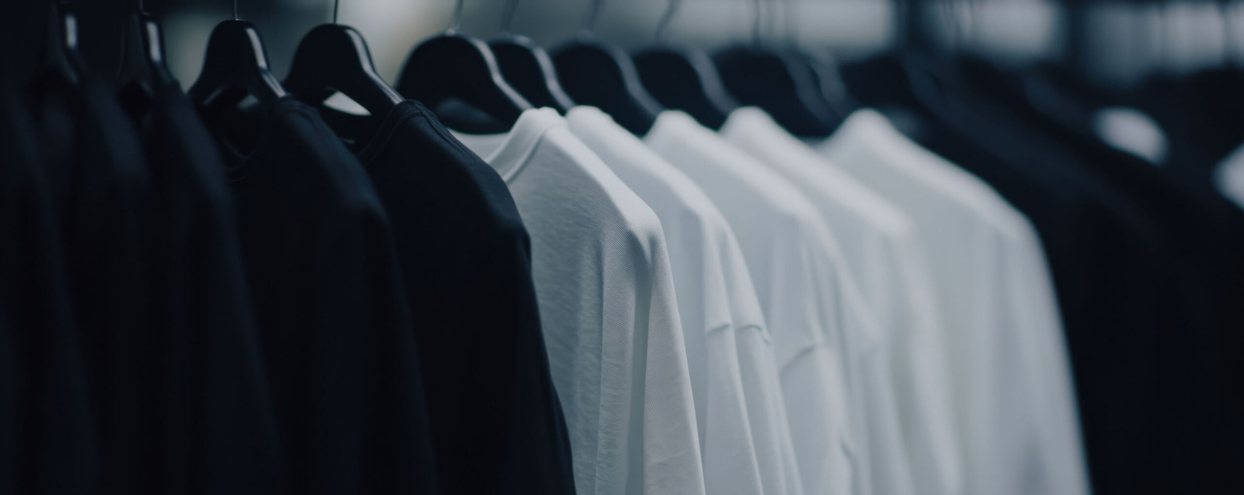 Zwarte en witte T-shirts op hangers in een kledingwinkel, illustratie van voorraadbeheer en slimme RFID-technologie in retail.