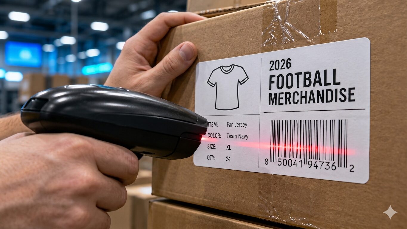 RFID-scanning van voetbalmerchandise in distributiecentrum.