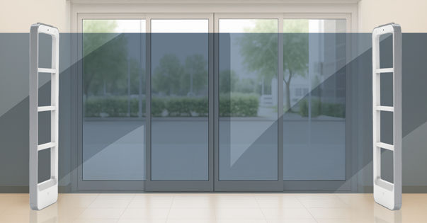 Beveiligingspoortjes bij een winkelentree met glazen schuifdeuren, onderdeel van een elektronisch artikelbeveiligingssysteem (EAS) tegen winkeldiefstal.