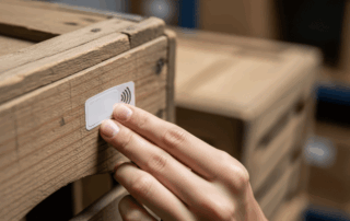 RFID sticker being applied on wood pallet