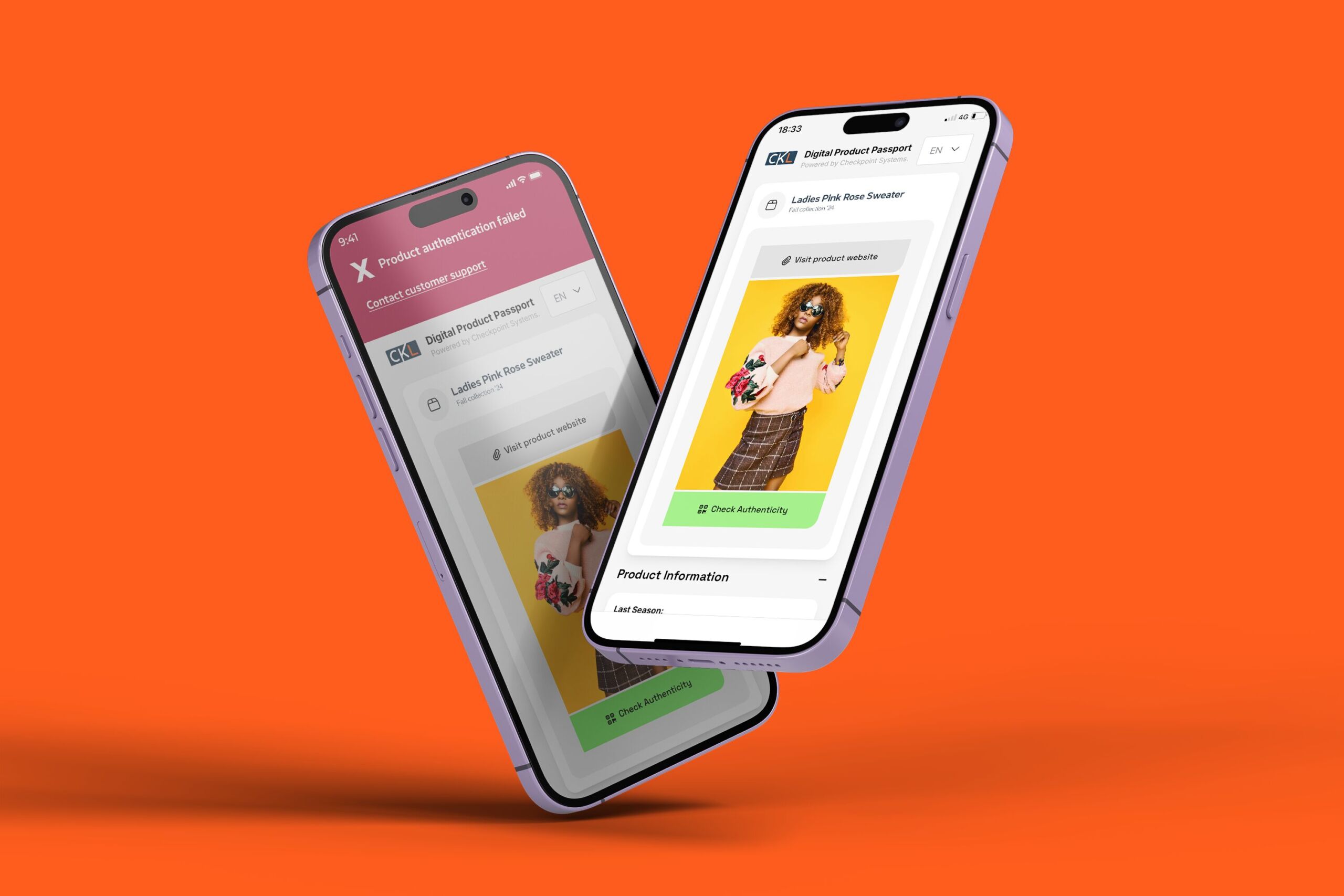 Two iphones showing the CheckLINQ digital product passport solution