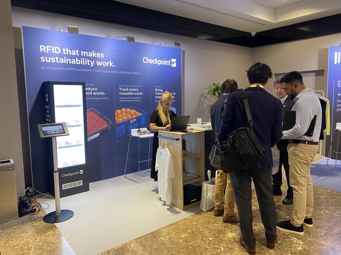 Visitors at Checkpoint Systems' booth at Rain in Action 2026