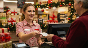 Store worker at checkout with customer