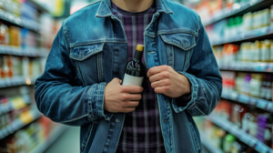 Man stealing a bottle at store